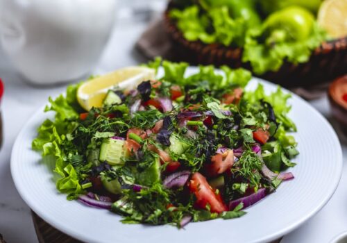 front view vegetable salad with greens and a slice of lemon