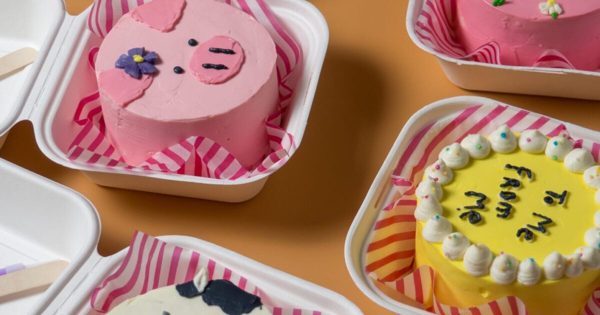 lots of little colorful cakes in boxes on an orange background .Korean lunch box cake